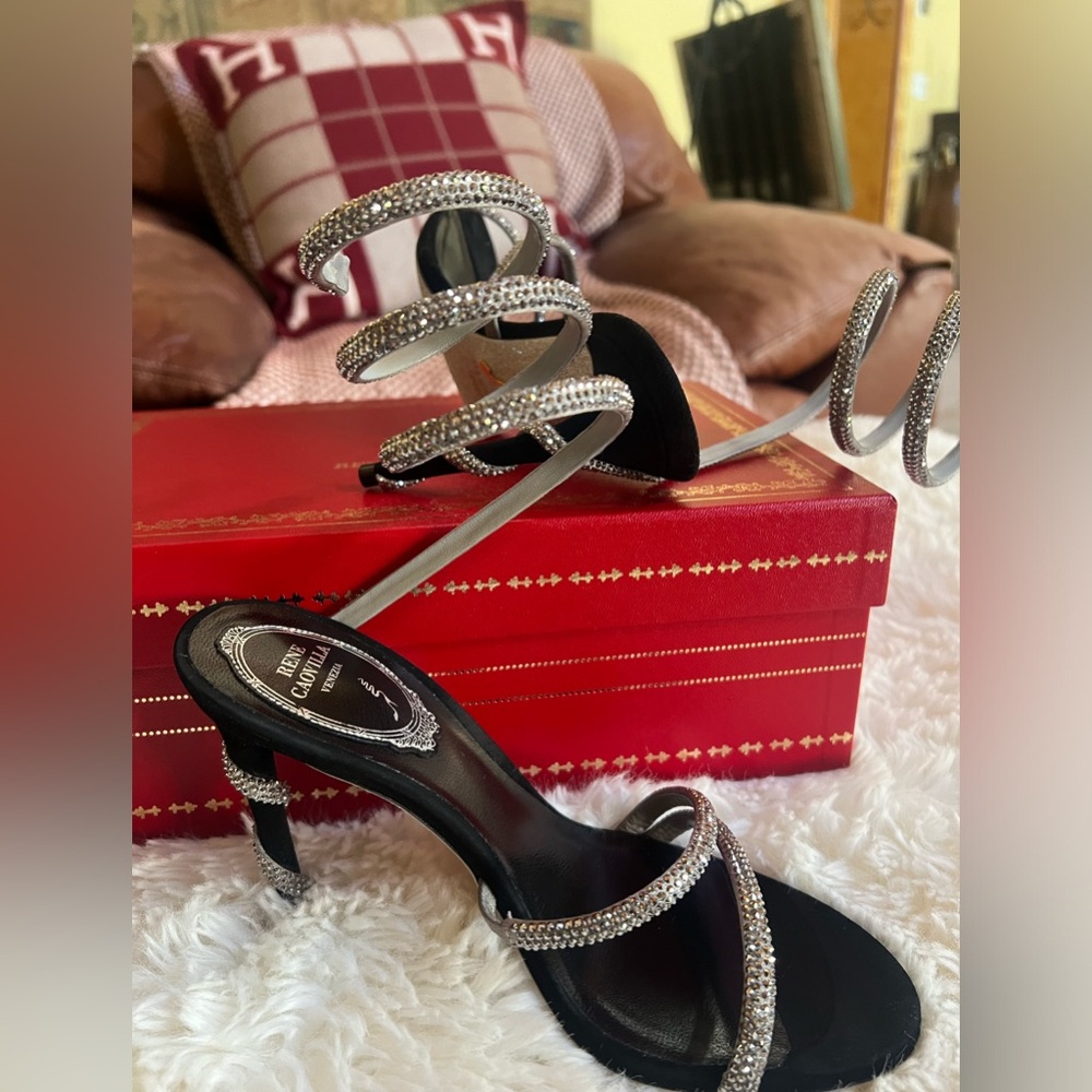 SIZE 34. Black and silver leather Margot sandals from RenCaovilla.